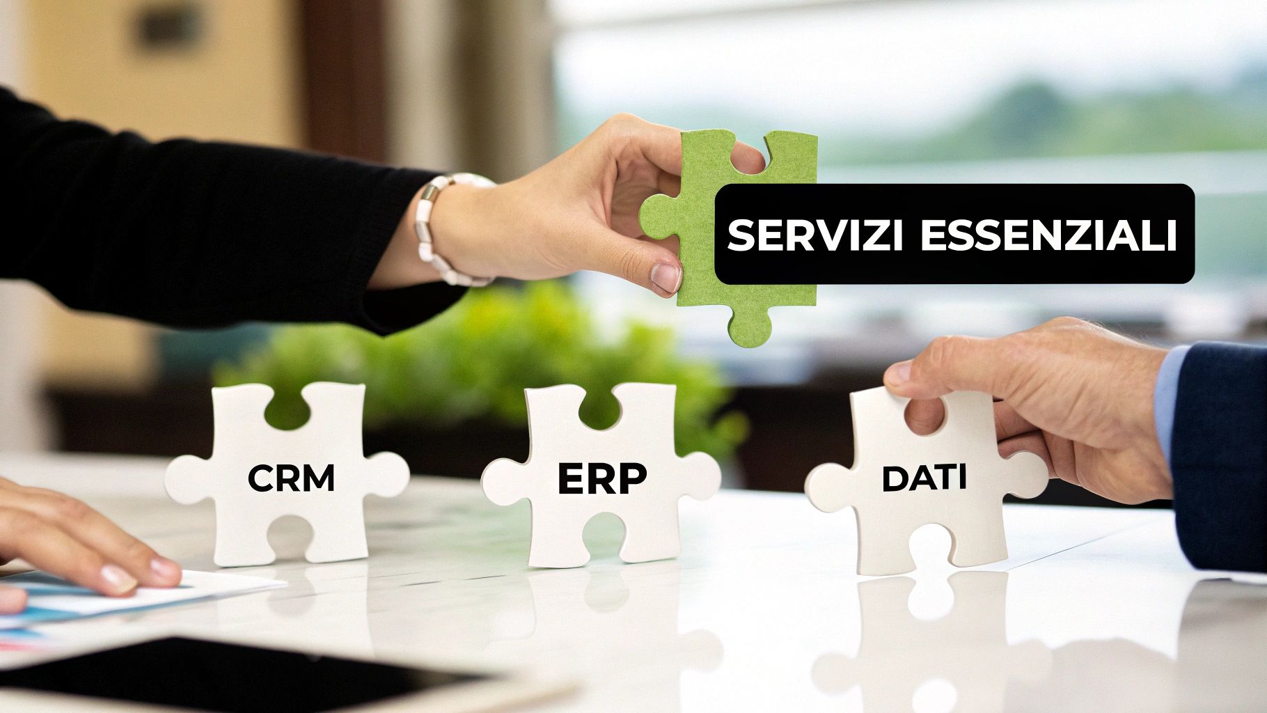 Consulente informatico che mostra dashboard di business intelligence a un manager su un grande schermo in una sala riunioni moderna