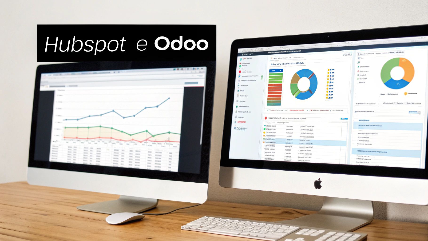 Due monitor mostrano dashboard di Hubspot e Odoo, con grafici e dati per l'analisi aziendale.