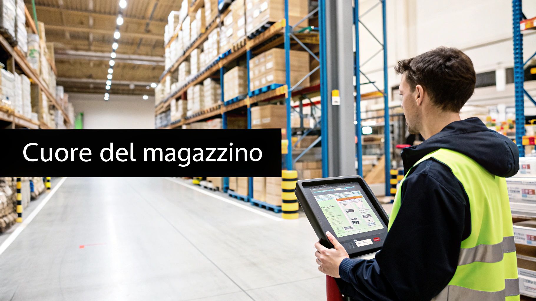 Un operatore in un magazzino moderno consulta un tablet per la gestione delle scorte e la logistica efficiente.