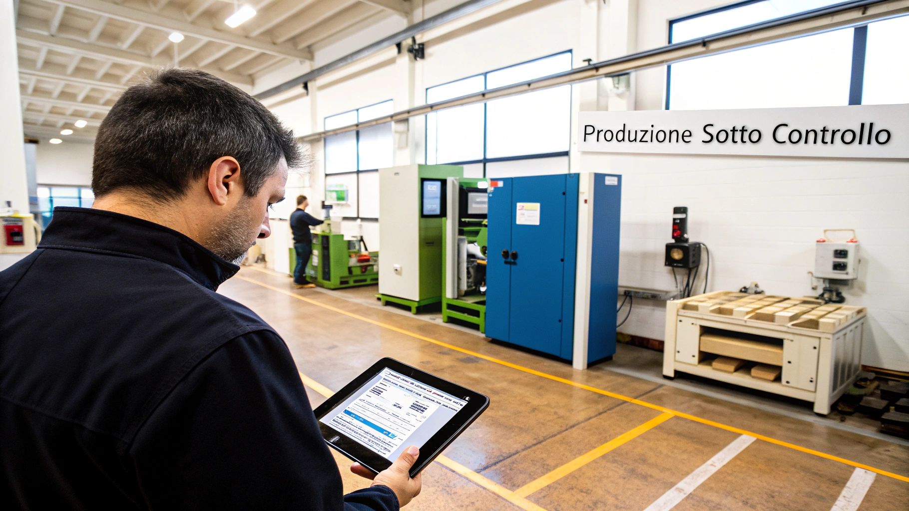 Uomo in una fabbrica consulta un tablet per il controllo della produzione. Macchinari industriali moderni sullo sfondo.