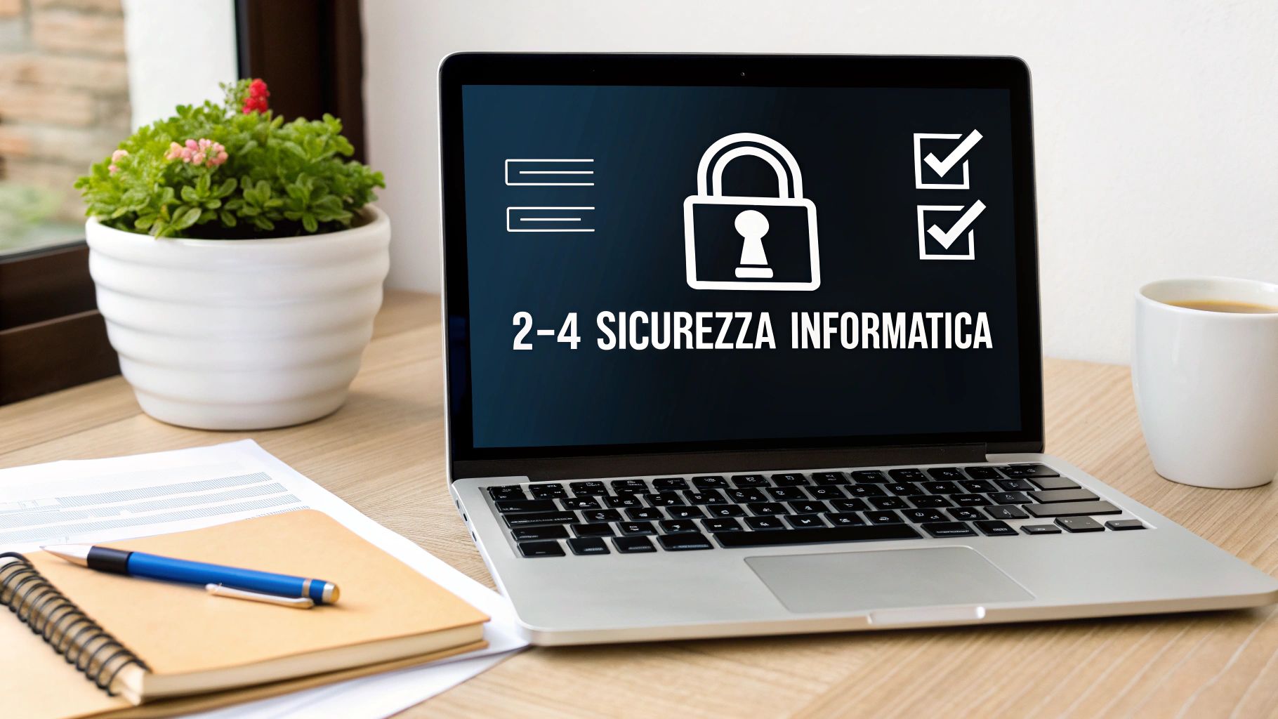 Computer portatile che mostra schermata sulla sicurezza informatica con icona lucchetto e lista di controllo