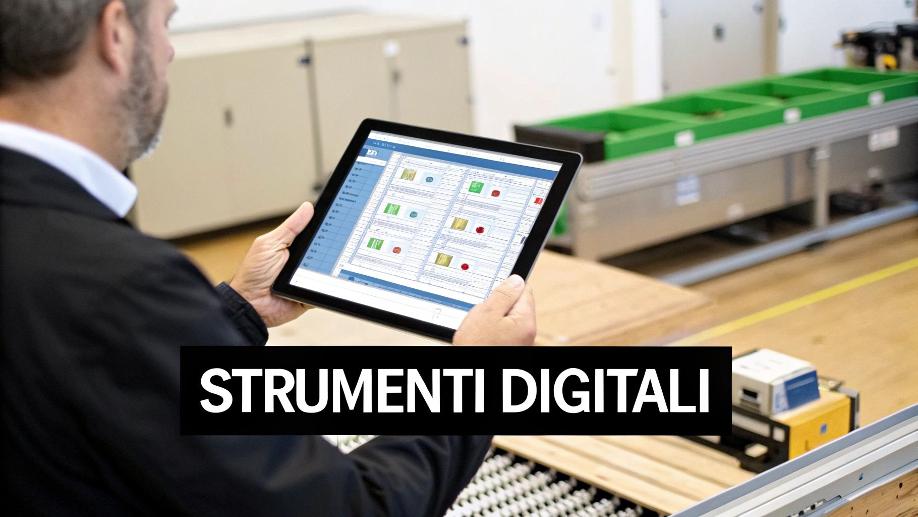 Uomo usa tablet con strumenti digitali in ambiente industriale, ottimizzando i cicli produttivi.