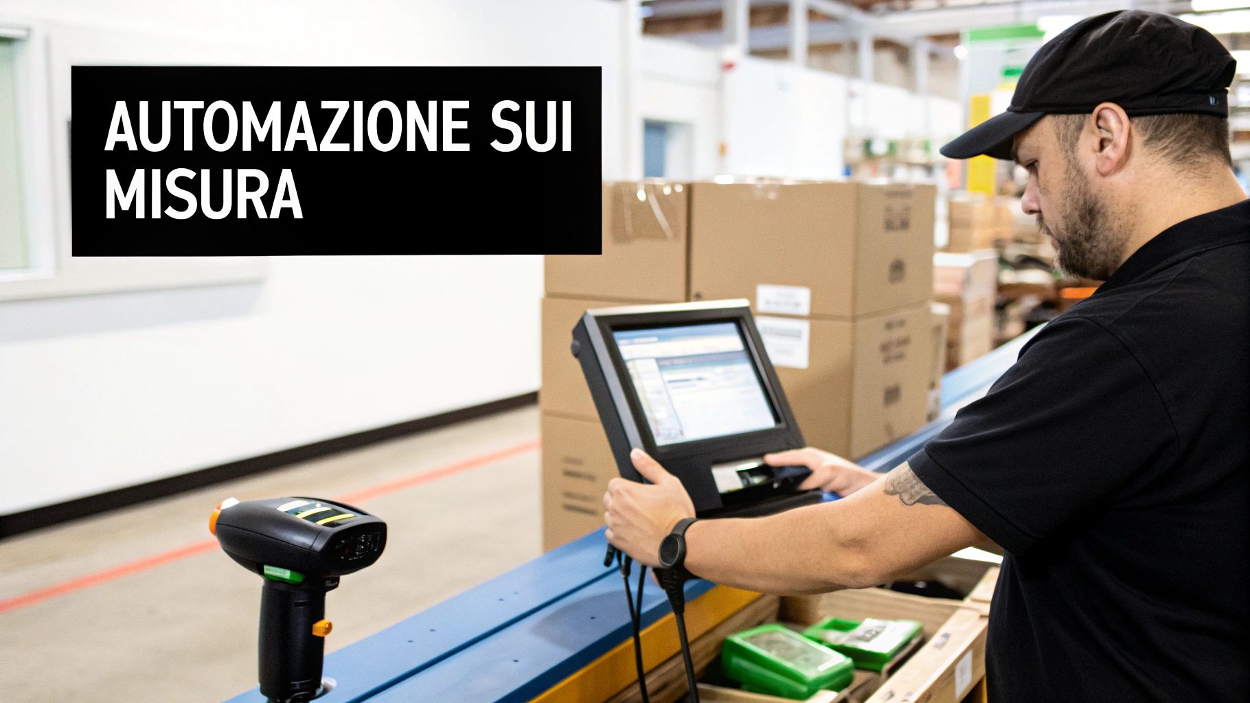 Un operatore gestisce un sistema di automazione in un magazzino, evidenziando 'AUTOMAZIONE SUI MISURA' per l'efficienza logistica.