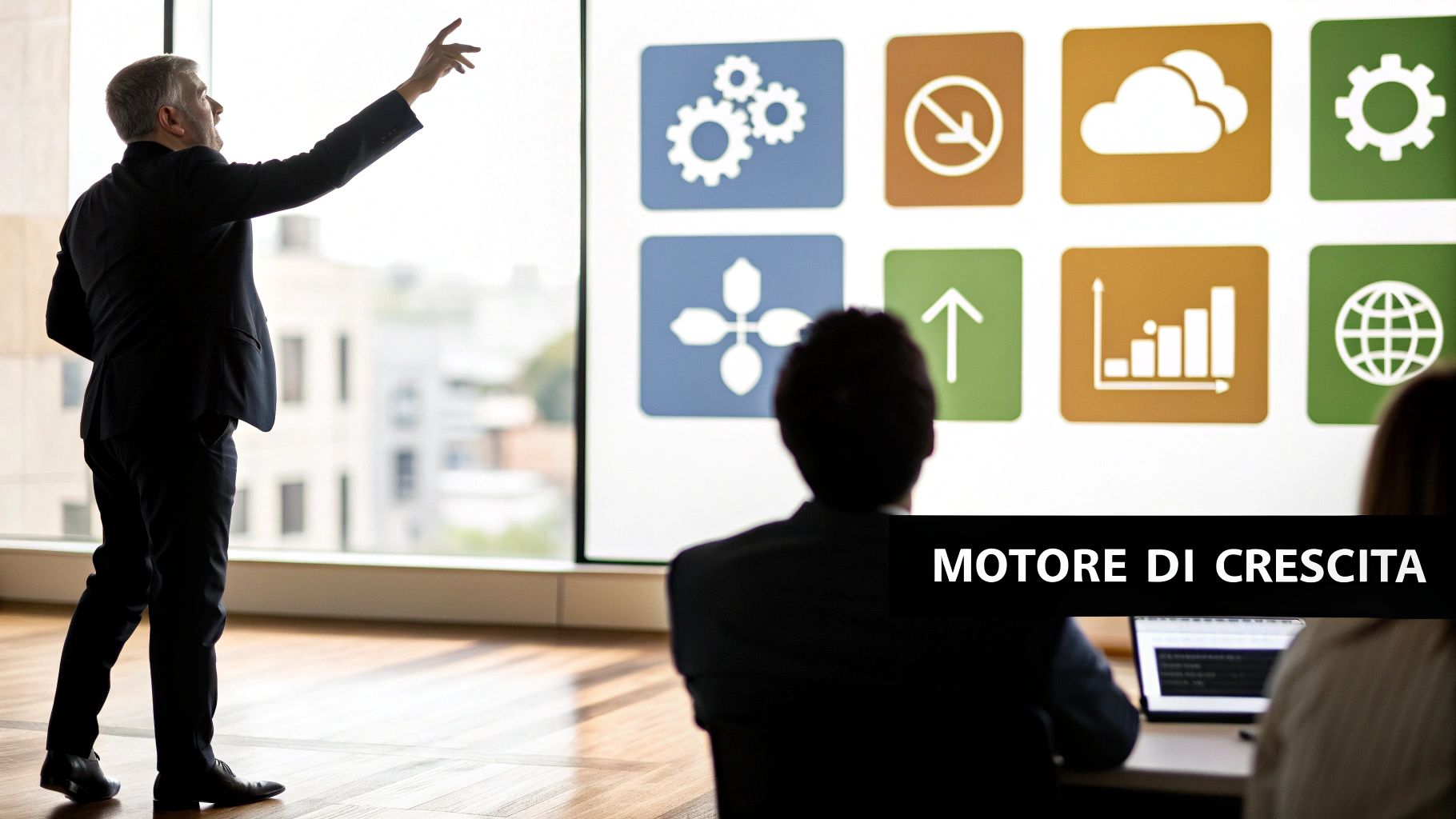 Consulente informatico che lavora con un manager aziendale su un laptop, analizzando grafici e dati per pianificare la crescita
