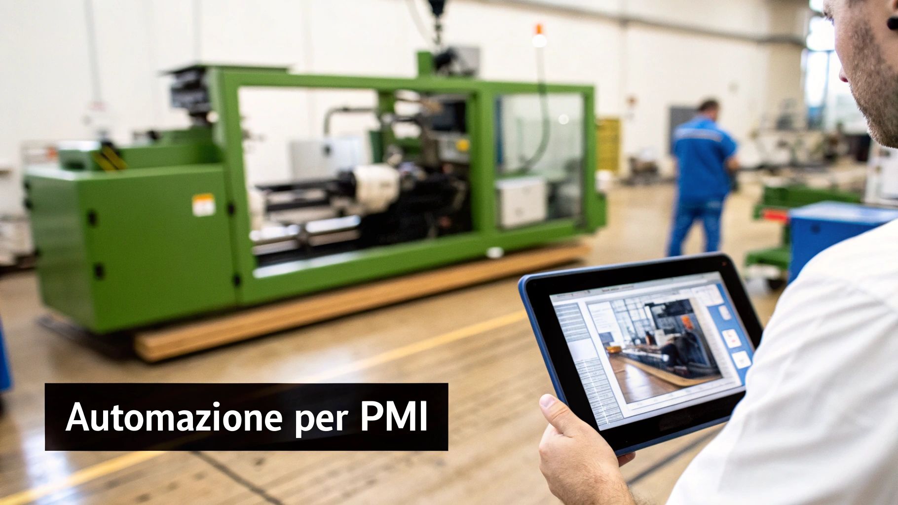 Operaio controlla un macchinario industriale verde con un tablet in fabbrica, con il testo 'Automazione per PMI'.
