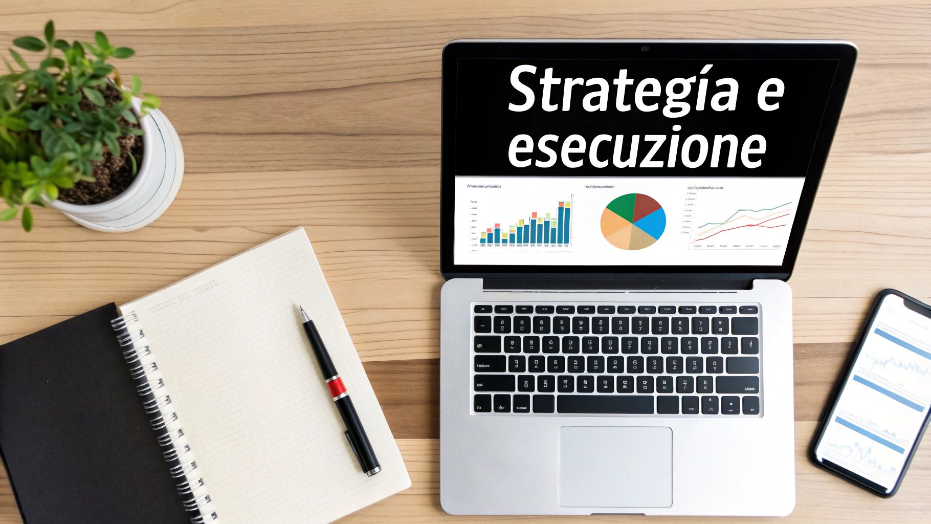 Vista dall'alto di una scrivania con laptop che mostra grafici e la scritta 'Strategia e esecuzione', un taccuino e uno smartphone.
