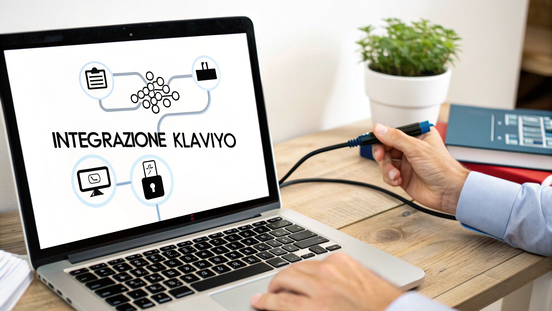Mani che lavorano su un laptop con display "INTEGRAZIONE KLAVIYO" e icone, mostrando un processo di integrazione.