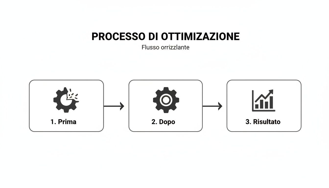 Diagramma di flusso orizzontale che illustra il processo di ottimizzazione in tre fasi: prima, dopo e risultato con crescita.