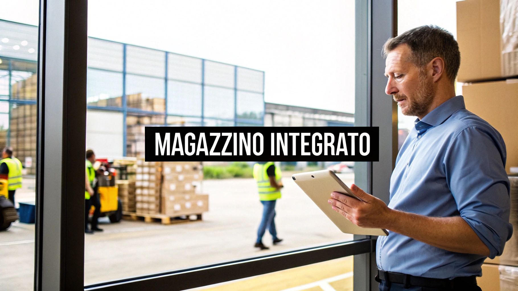 Uomo d'affari con tablet osserva un moderno magazzino con operai e pallet, simboleggiando la gestione integrata.