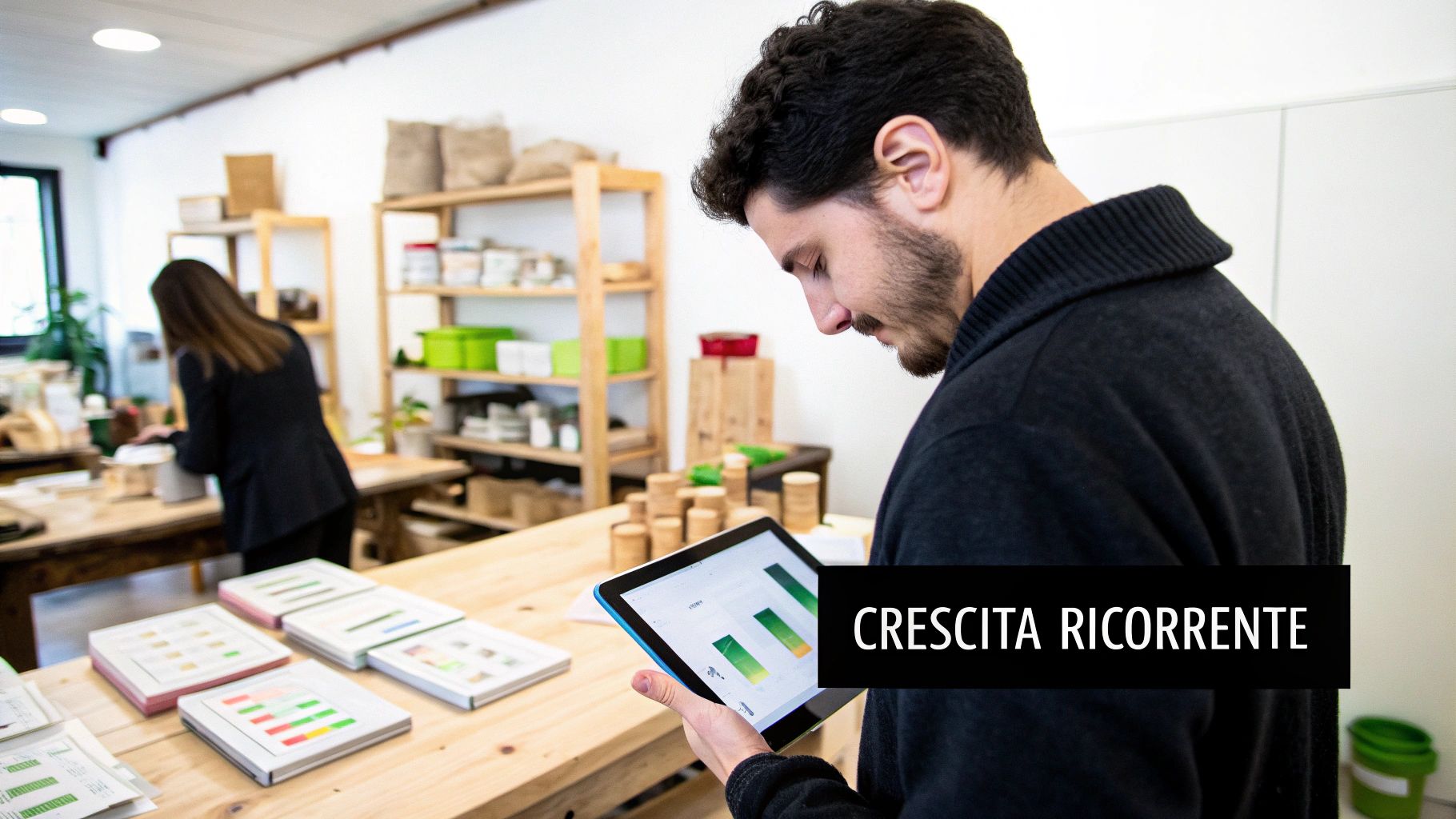 Uomo barbuto esamina un tablet con grafici a barre in un negozio, con una donna sullo sfondo.