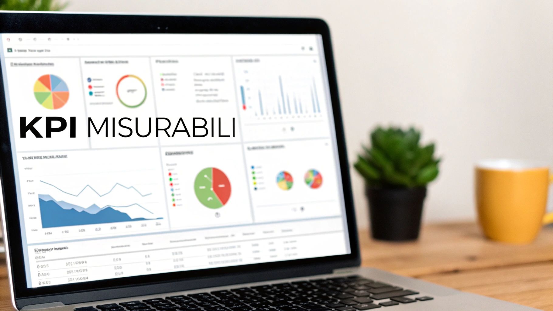 Un laptop mostra una dashboard con grafici e la scritta 'KPI MISURABILI' per l'analisi delle performance.