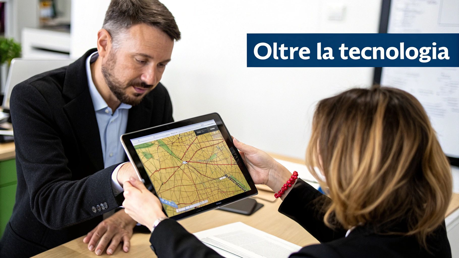 Due colleghi in ufficio esaminano attentamente una mappa digitale su un tablet durante una discussione.