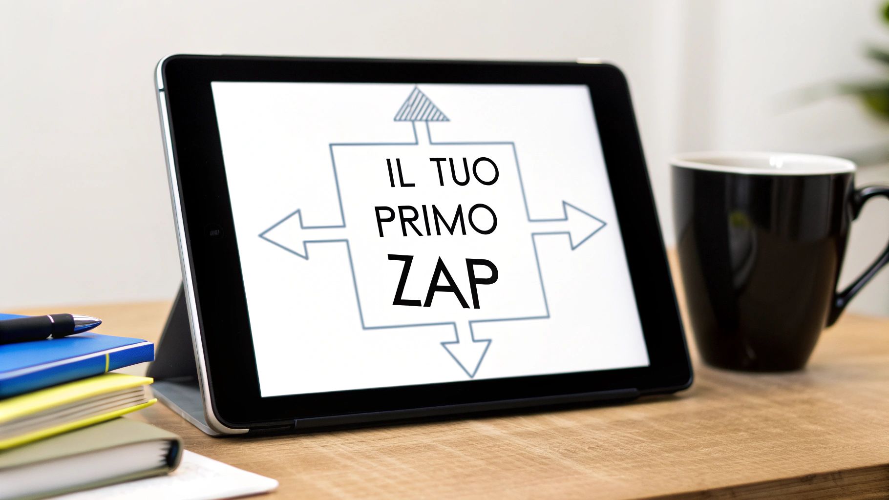 Un tablet mostra la scritta 'IL TUO PRIMO ZAP' e frecce su una scrivania con quaderni e una tazza.