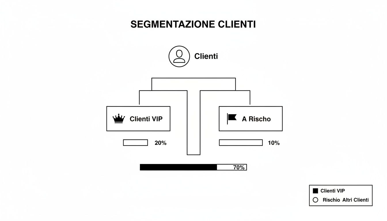 Diagramma di segmentazione clienti che mostra i clienti VIP (20%), a rischio (10%) e altri (70%) con legenda.