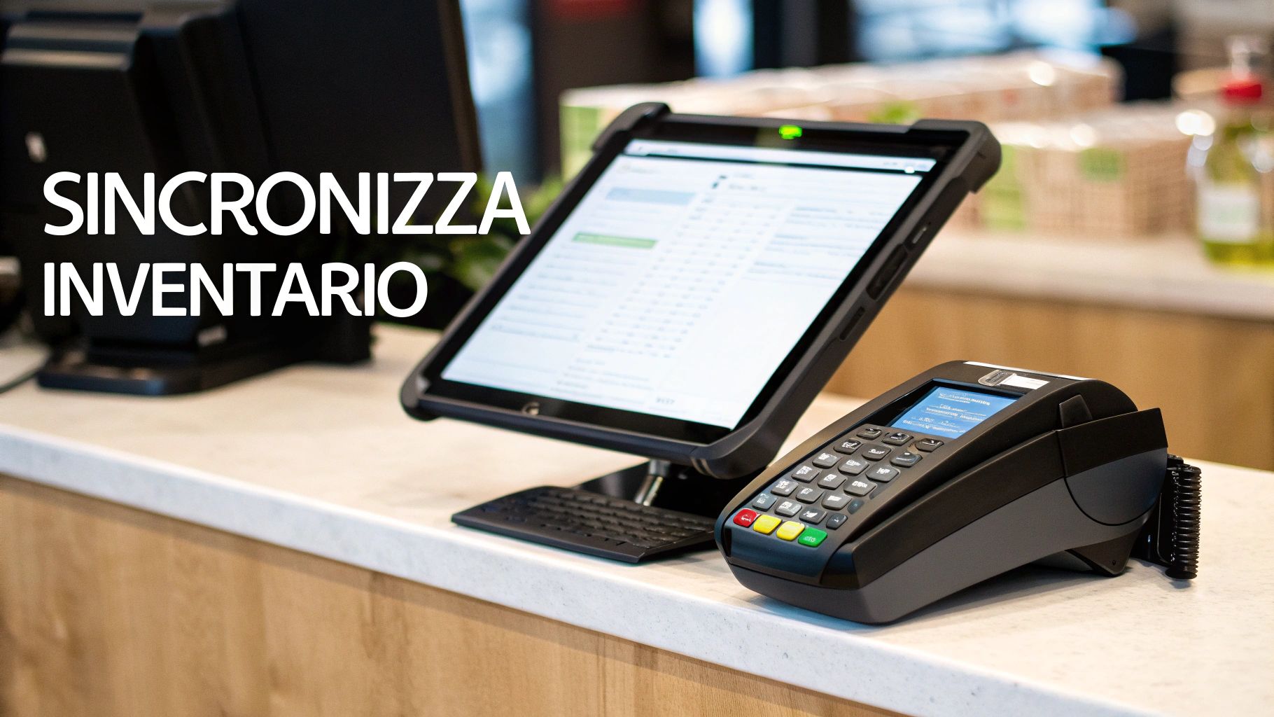 Tablet e terminale di pagamento su bancone per sincronizzazione inventario sistema click and collect