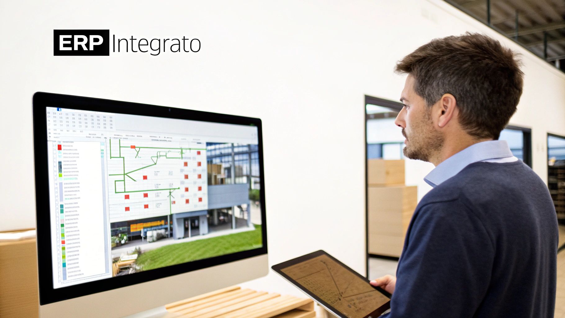 Uomo visualizza un diagramma di edificio su monitor e tiene un tablet, con logo ERP Integrato.