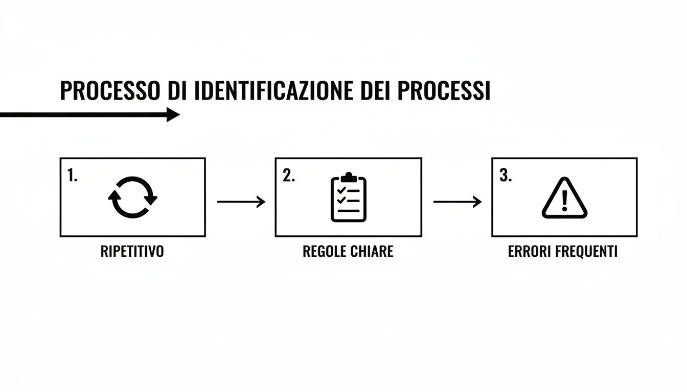 Diagramma che illustra il processo di identificazione dei processi attraverso tre fasi: ripetitivo, regole chiare ed errori frequenti.