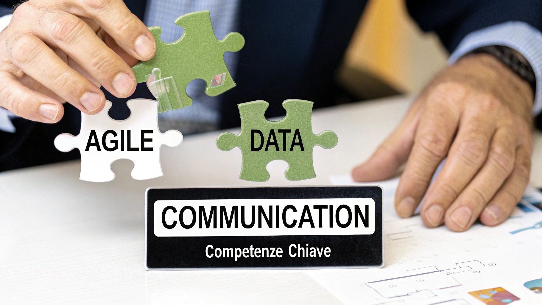 Mani uniscono puzzle con 'AGILE' e 'DATA', sopra un cartello 'COMMUNICATION - Competenze Chiave'.