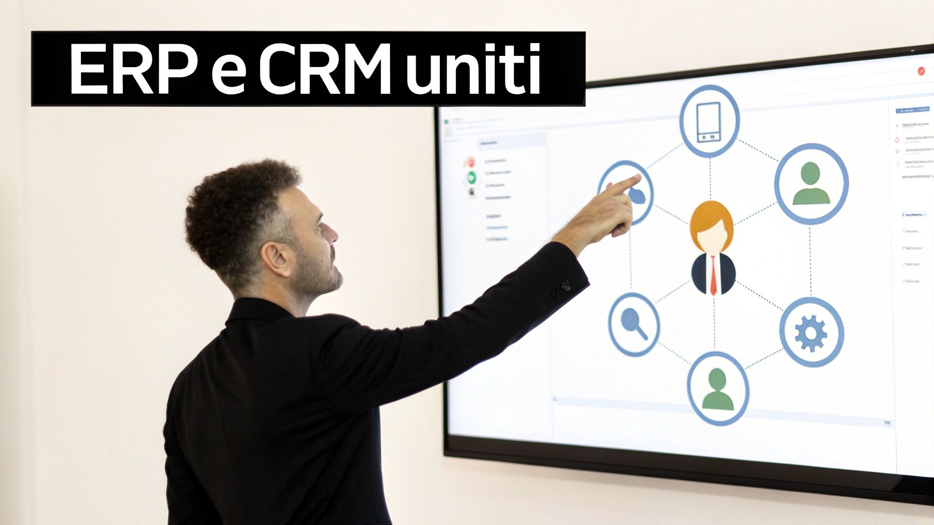 Un uomo indica uno schermo interattivo che mostra un diagramma di integrazione dei sistemi ERP e CRM.