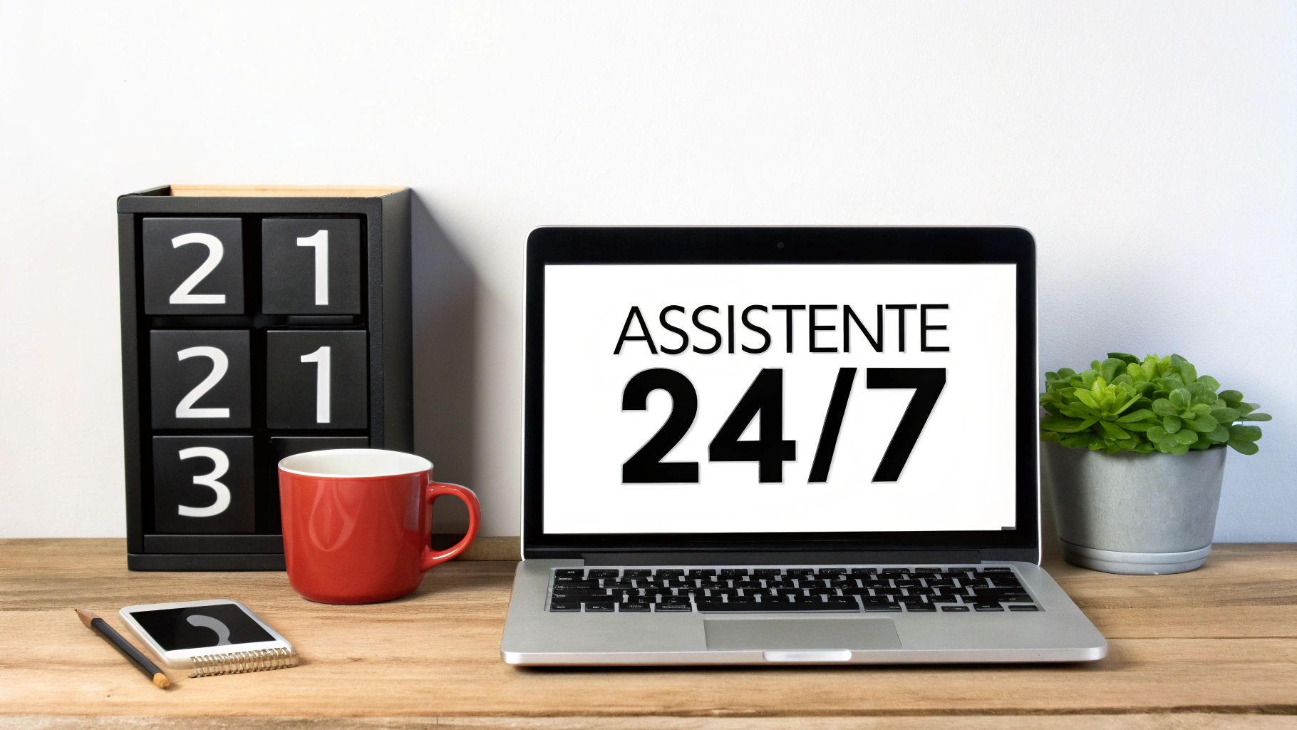 Computer portatile con scritta assistente 24/7, tazza rossa, calendario e pianta sulla scrivania