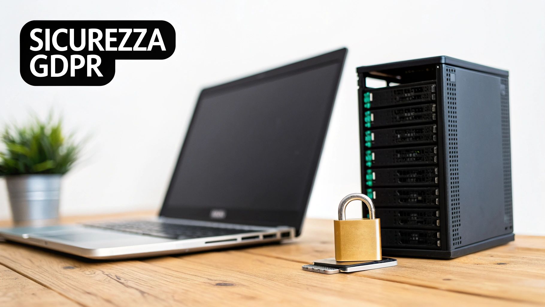 Configurazione di sicurezza dati con laptop, server, lucchetto e smartphone, evidenziando conformità GDPR.