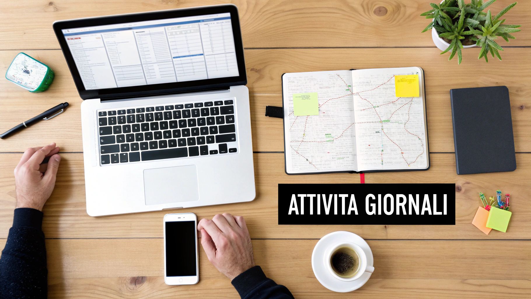 Vista dall'alto di una scrivania in legno con laptop, taccuino, telefono e caffè, mani che lavorano con il testo "ATTIVITA GIORNALI".