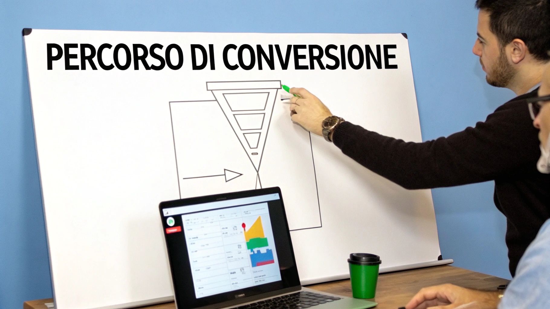 Uomo che disegna un imbuto di conversione su lavagna bianca con laptop che mostra grafici analitici