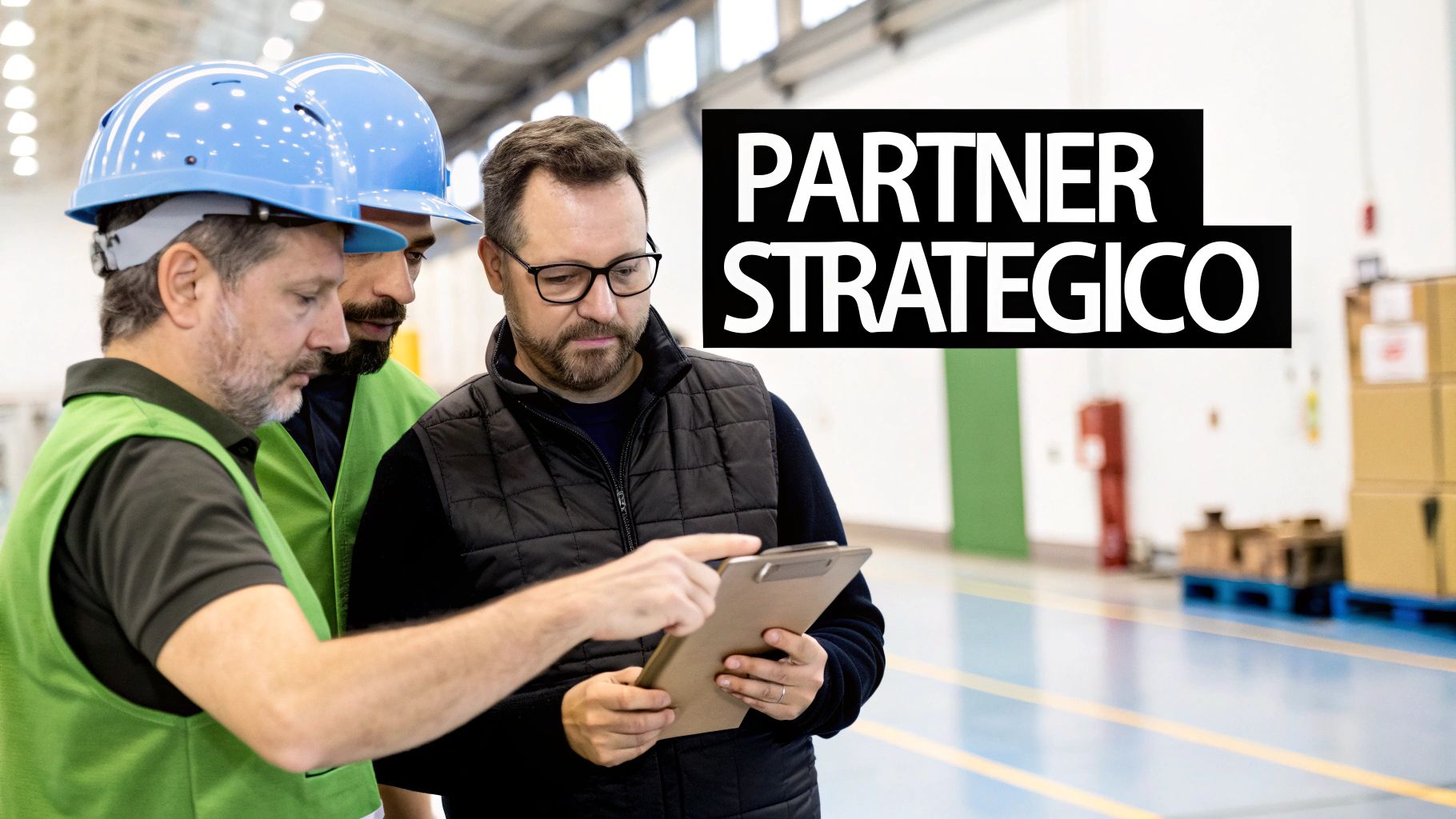 Tre uomini, due con elmetti e giubbini, esaminano documenti in un magazzino industriale, con testo 'PARTNER STRATEGICO'.
