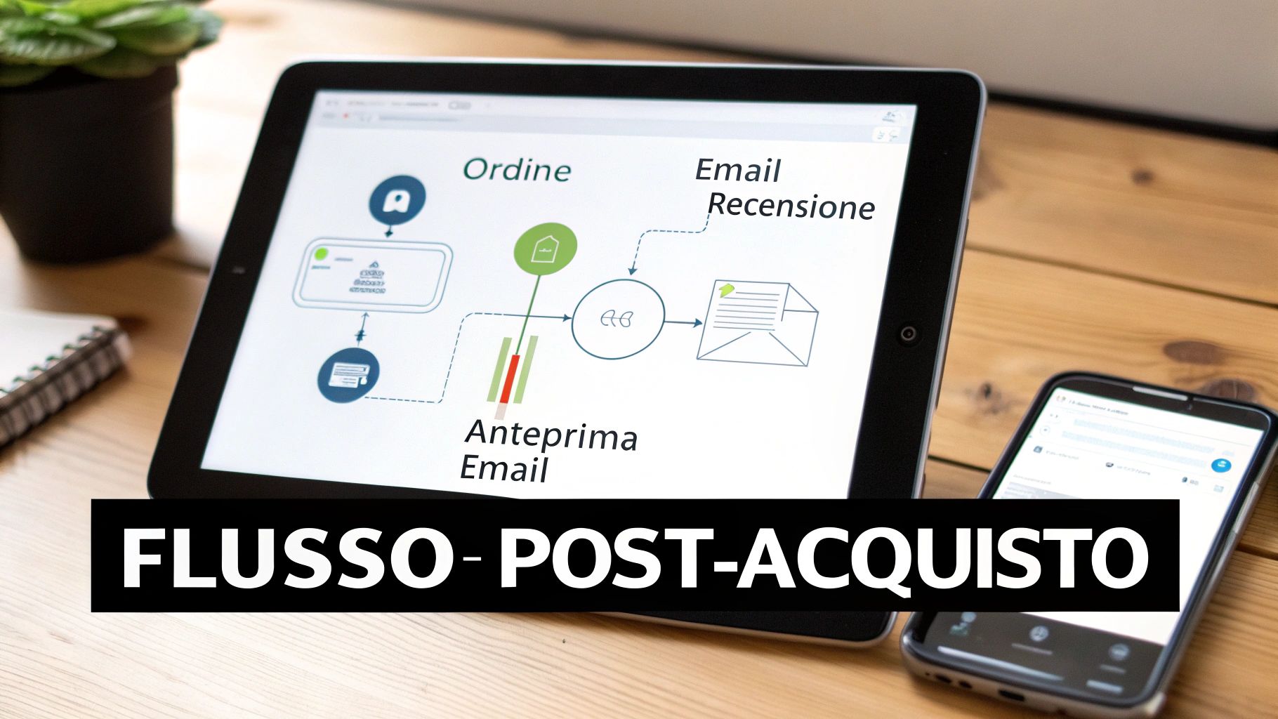 Un tablet mostra un diagramma di flusso del processo post-acquisto, inclusi ordine, anteprima email e recensione, su un tavolo di legno.
