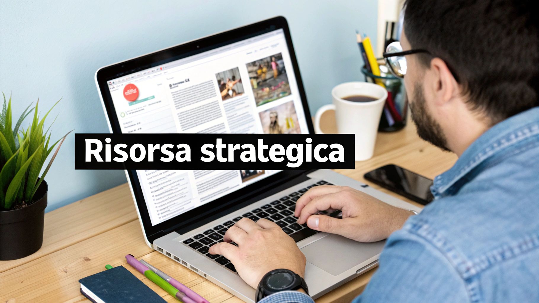 Un uomo lavora al laptop su una scrivania con il testo sovrapposto "Risorsa strategica", circondato da caffè e piante.
