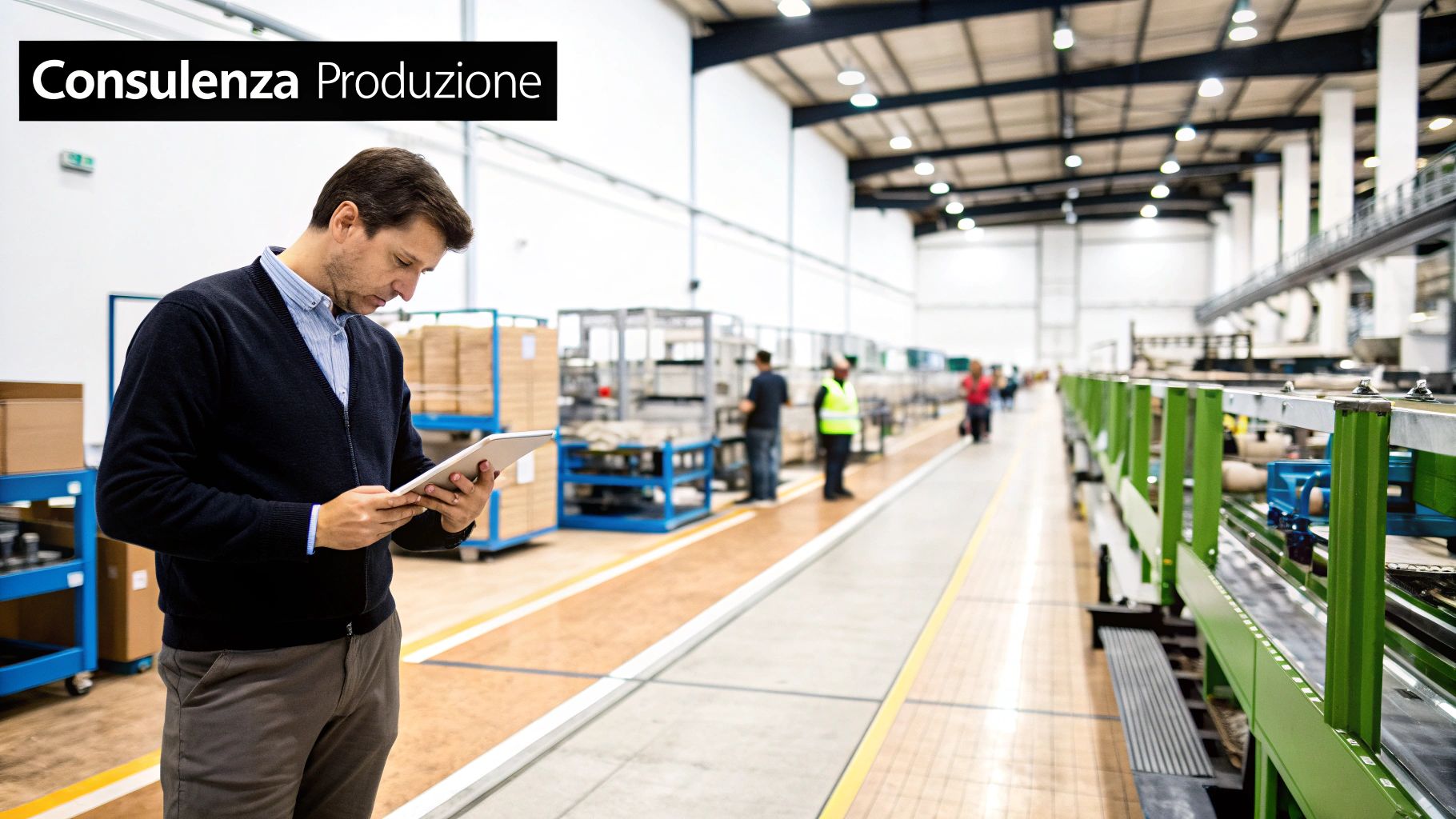 Un ingegnere che analizza un processo produttivo su un tablet, con macchinari industriali sullo sfondo.