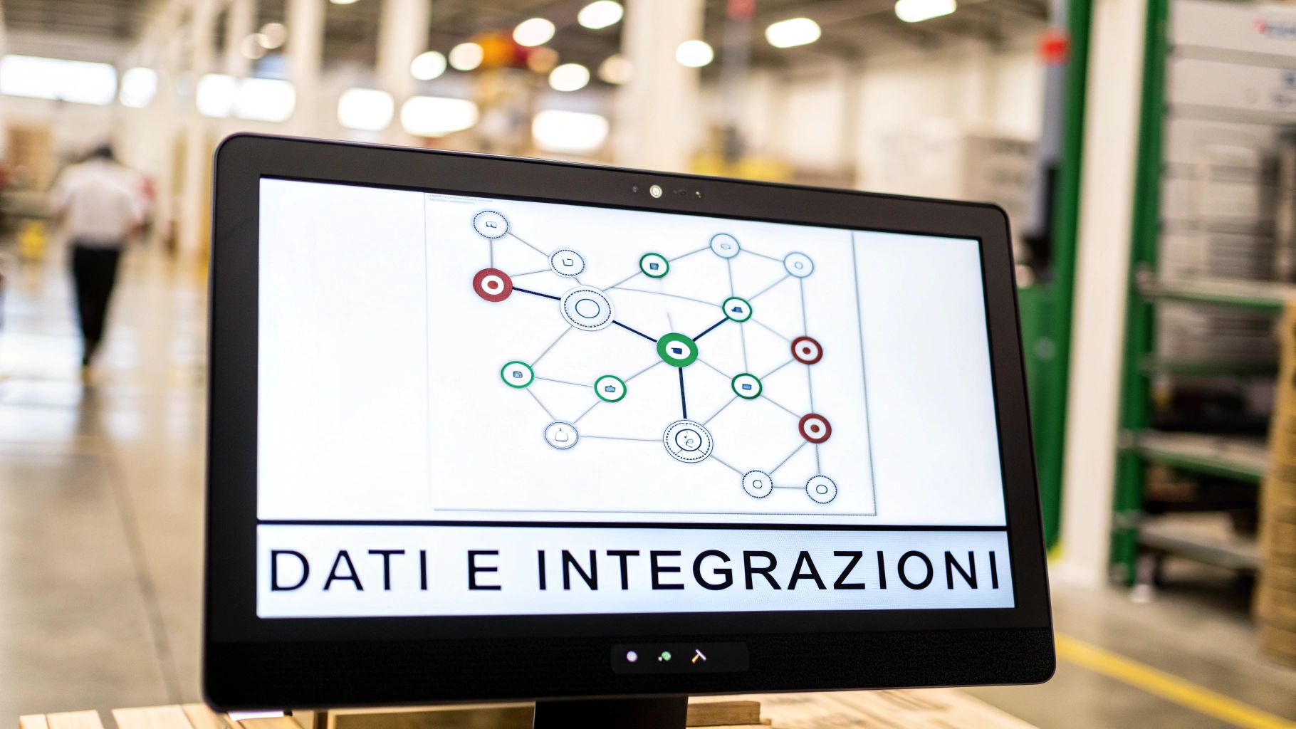 Monitor in contesto industriale mostra un diagramma di rete colorato e la scritta 'DATI E INTEGRAZIONI'.