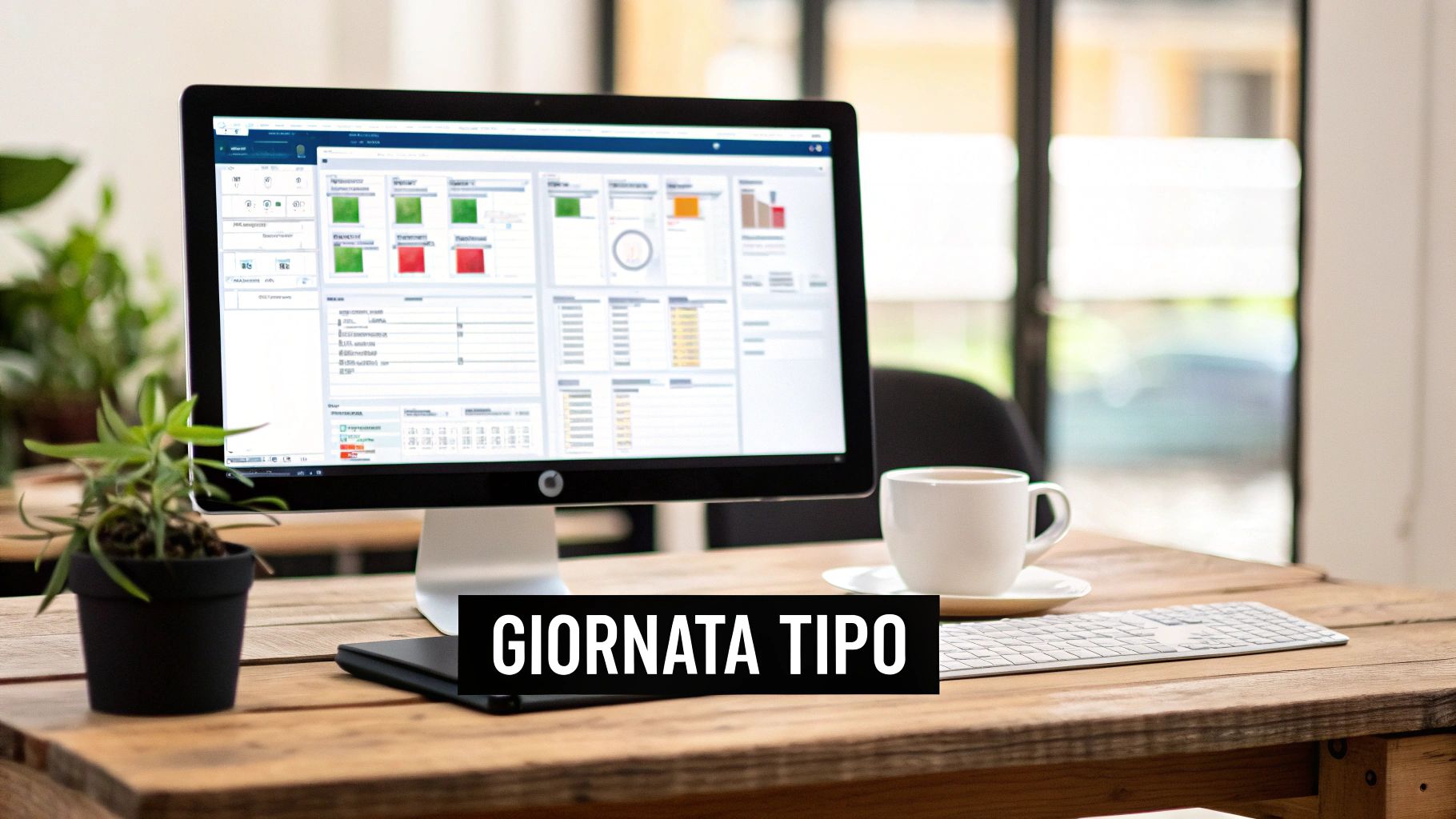 Schermo di computer su una scrivania di legno, mostra un dashboard di gestione, con caffè, tastiera e pianta.