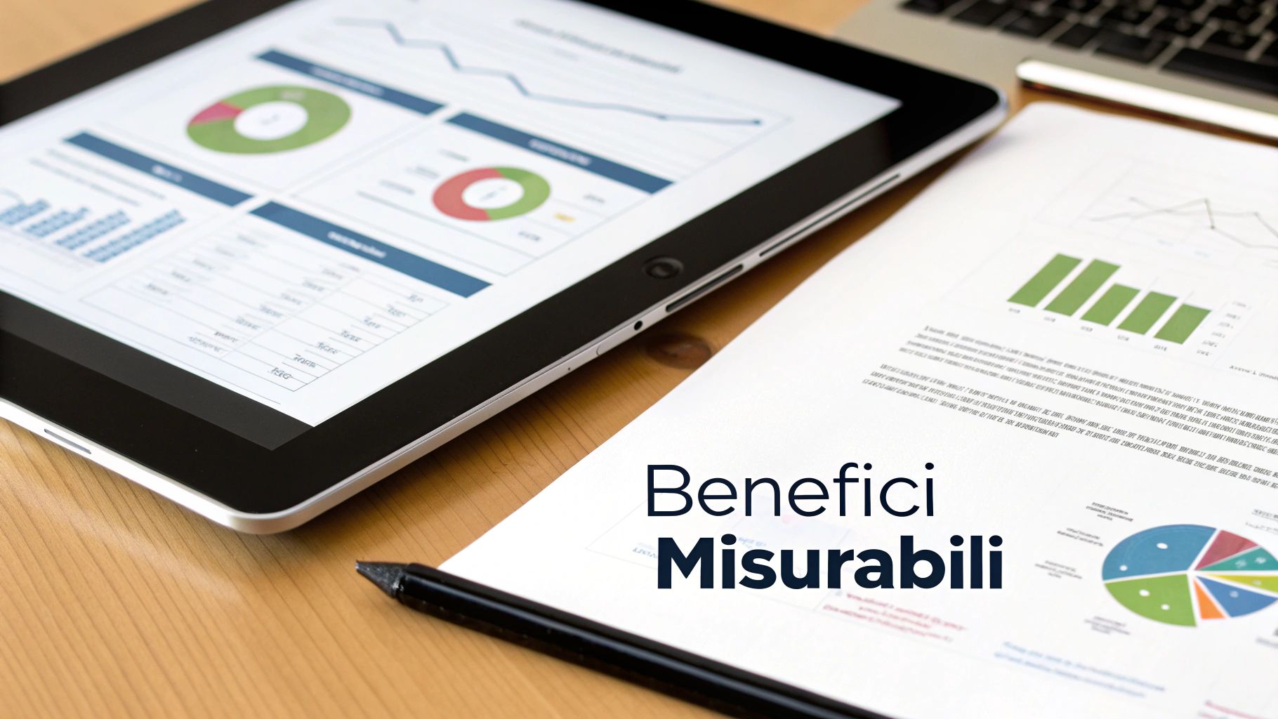 Tablet e documenti con grafici aziendali, mettendo in risalto 'Benefici Misurabili' per l'analisi dei risultati.