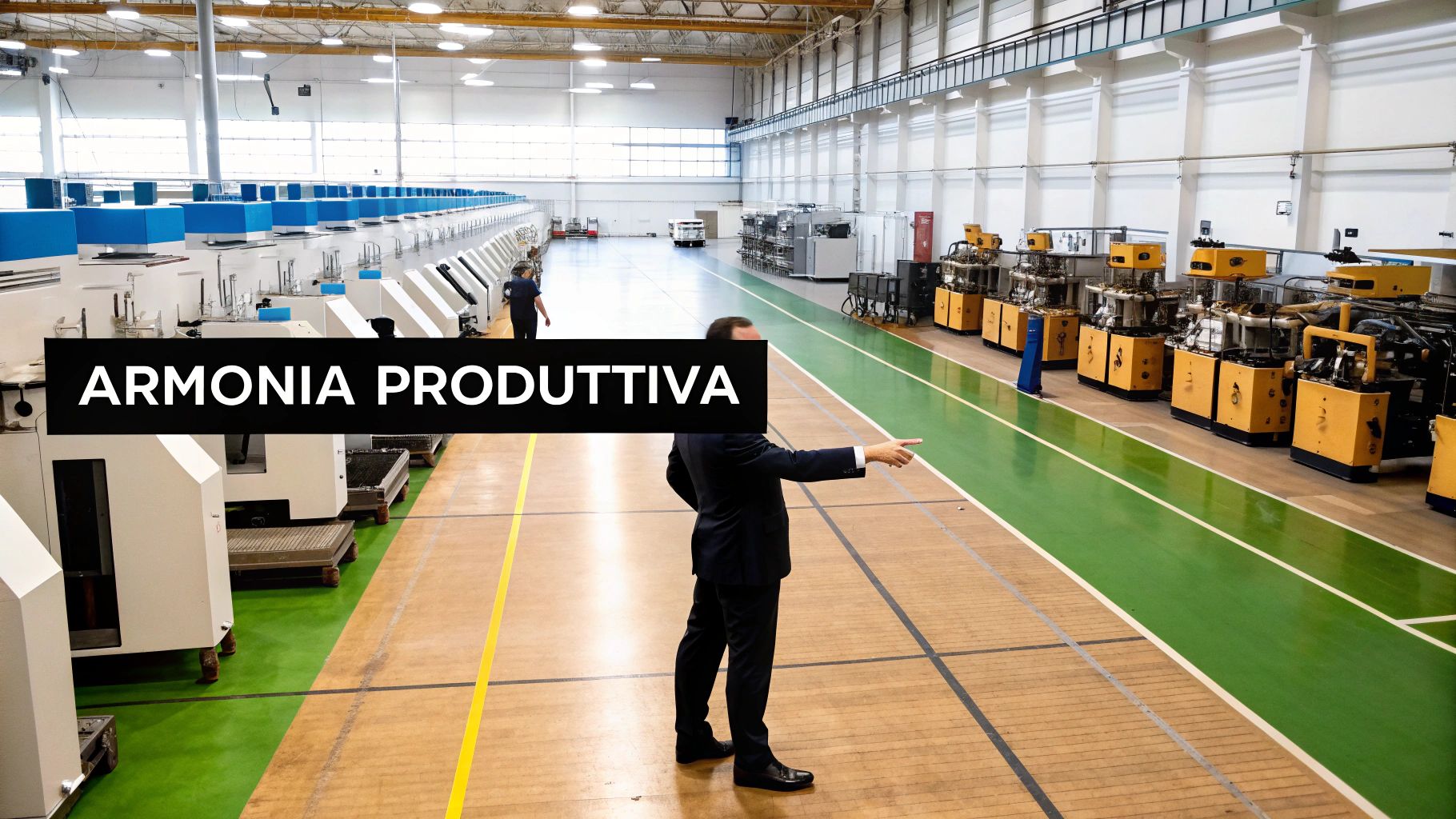 Interno di una fabbrica moderna con un uomo d'affari che indica macchinari industriali e il testo "ARMONIA PRODUTTIVA".