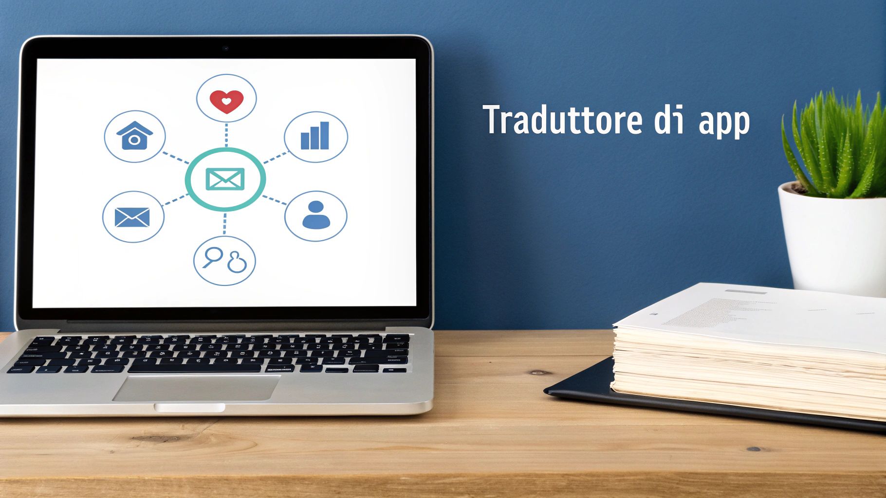 Un laptop su un tavolo di legno mostra icone di app. Accanto, il testo 'Traduttore di app', una pianta e documenti.