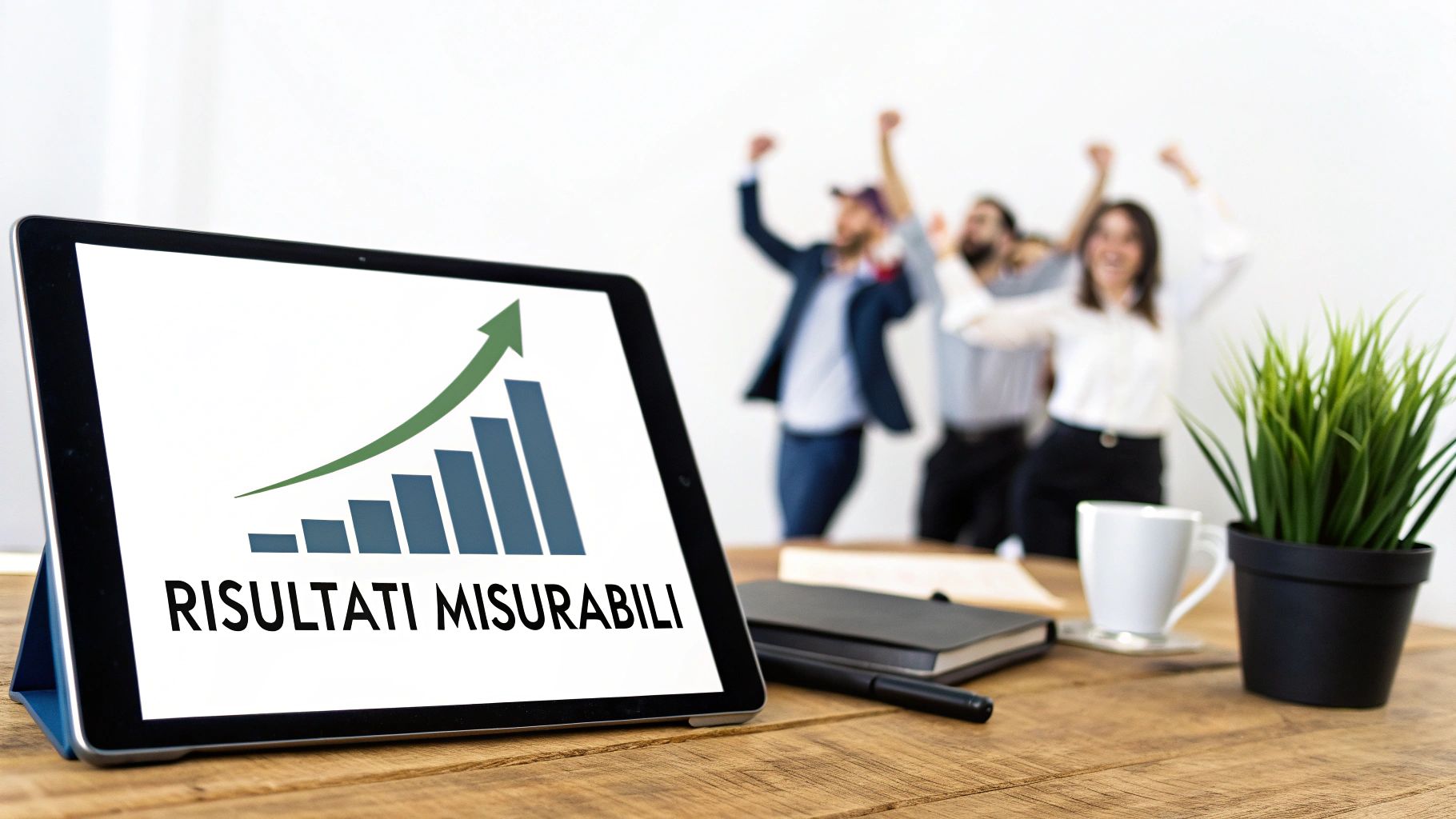 Tablet che mostra un grafico a barre crescente con la scritta 'RISULTATI MISURABILI', e persone che festeggiano il successo.