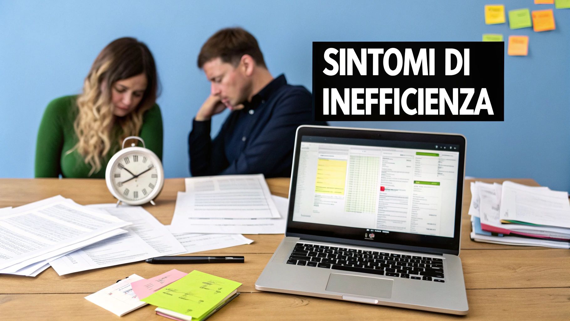 Due persone stanche e sopraffatte sedute a una scrivania disordinata, con un laptop e orologio, evidenziando inefficienza.