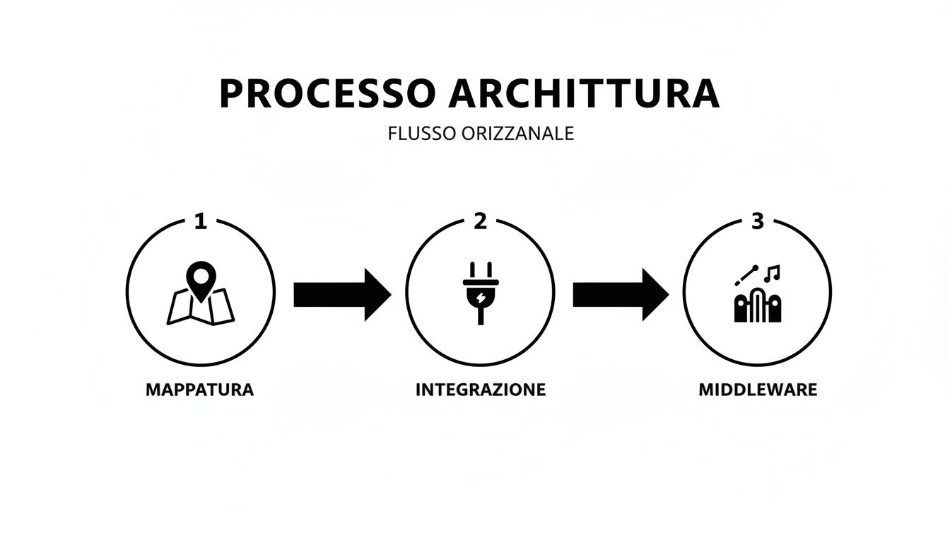 Diagramma di processo orizzontale che illustra le fasi di architettura: mappatura, integrazione e middleware.