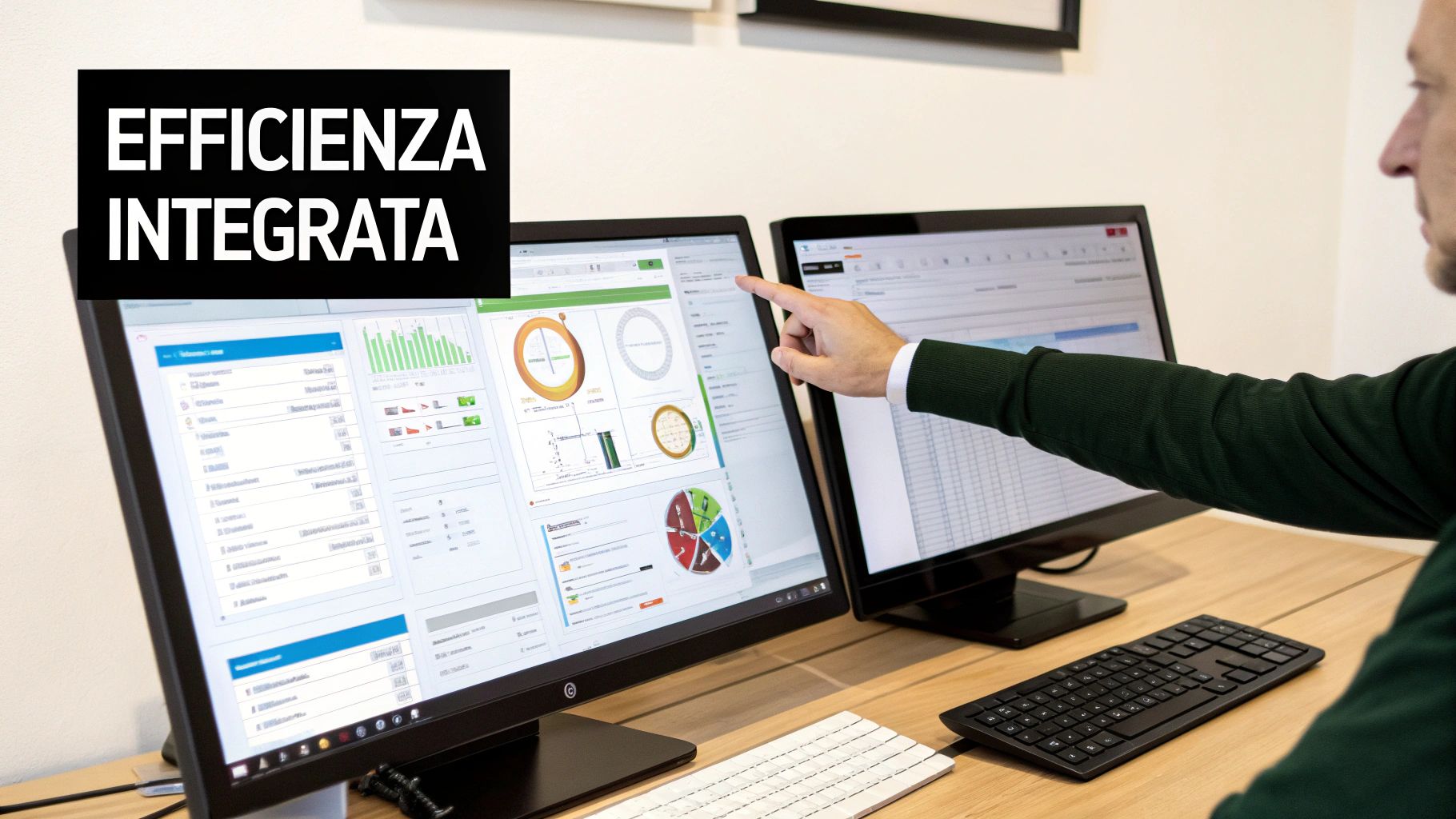 Un uomo d'affari punta lo schermo del computer con grafici, dati e la scritta "EFFICIENZA INTEGRATA".