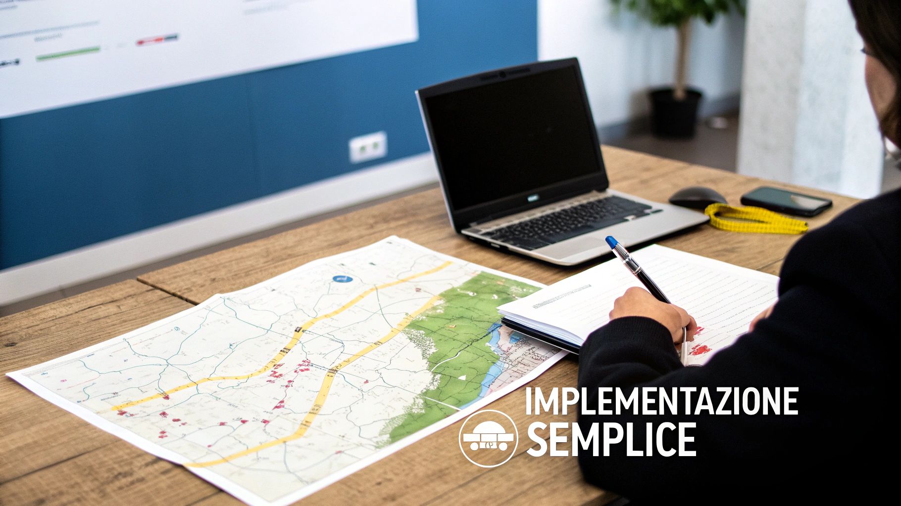 Una squadra di persone collabora attorno a un tavolo pianificando l'implementazione di un nuovo software gestionale per la loro PMI.