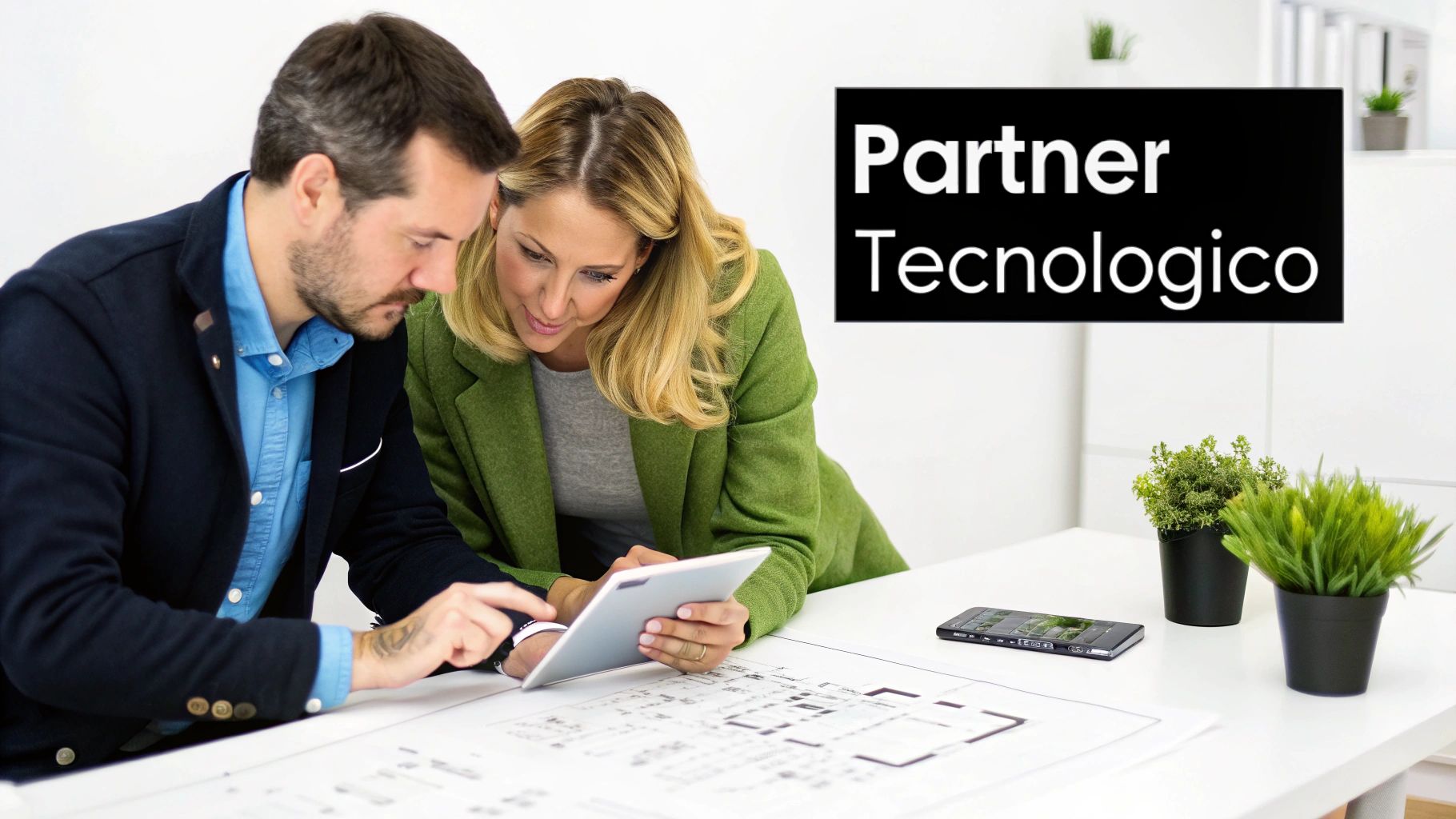 Due professionisti collaborano su tablet in ufficio moderno, partner tecnologico per consulenza aziendale