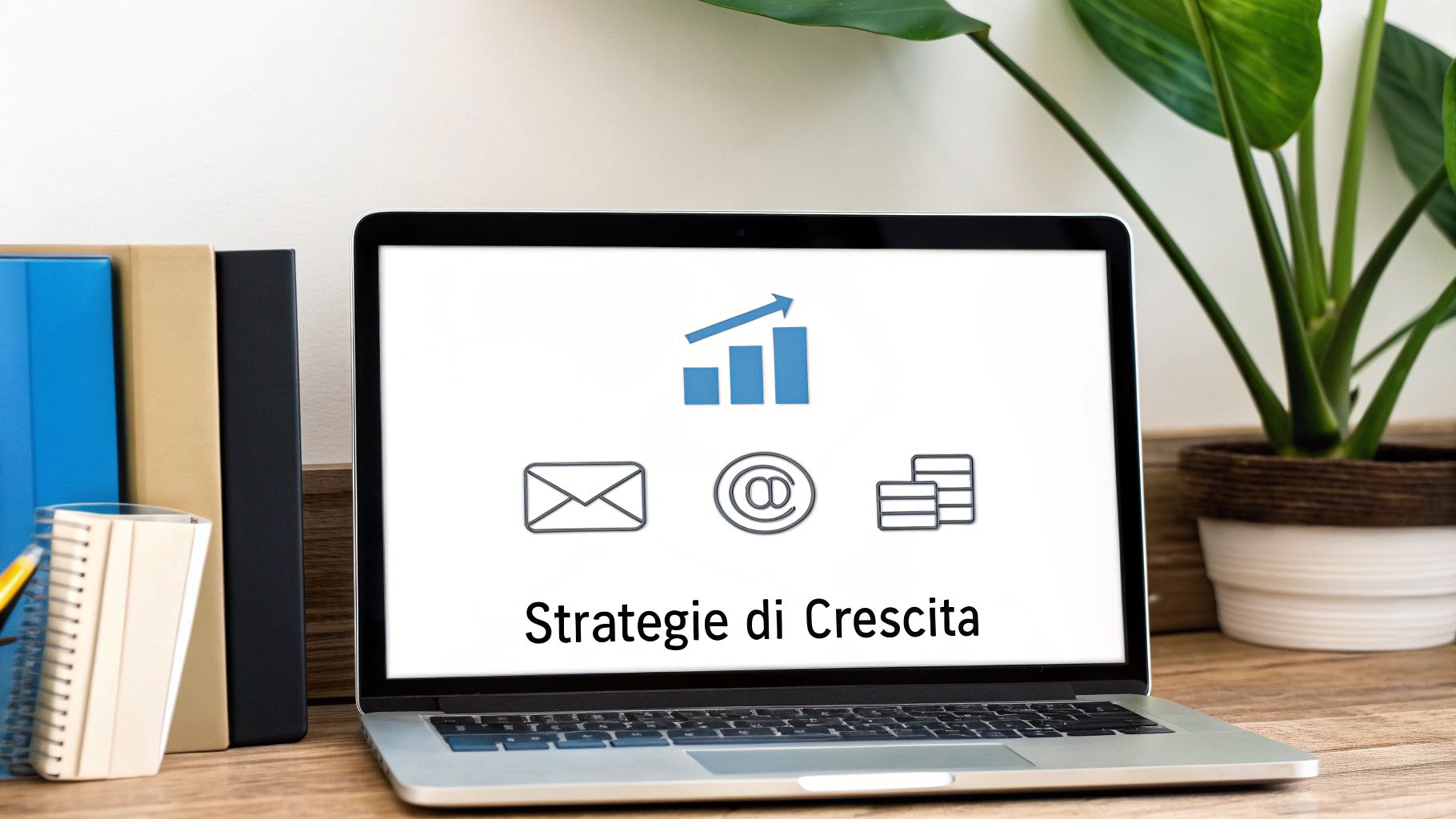Schermo laptop visualizza 'Strategie di Crescita' con icone di grafico, email e dati, su una scrivania moderna.