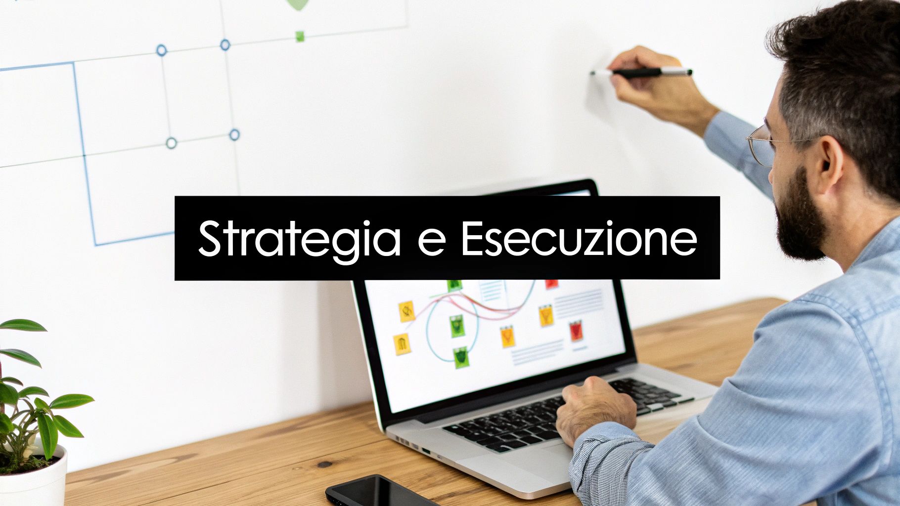 Uomo d'affari scrive su lavagna con diagrammi, con laptop e smartphone su scrivania. Overlay 'Strategia e Esecuzione'.