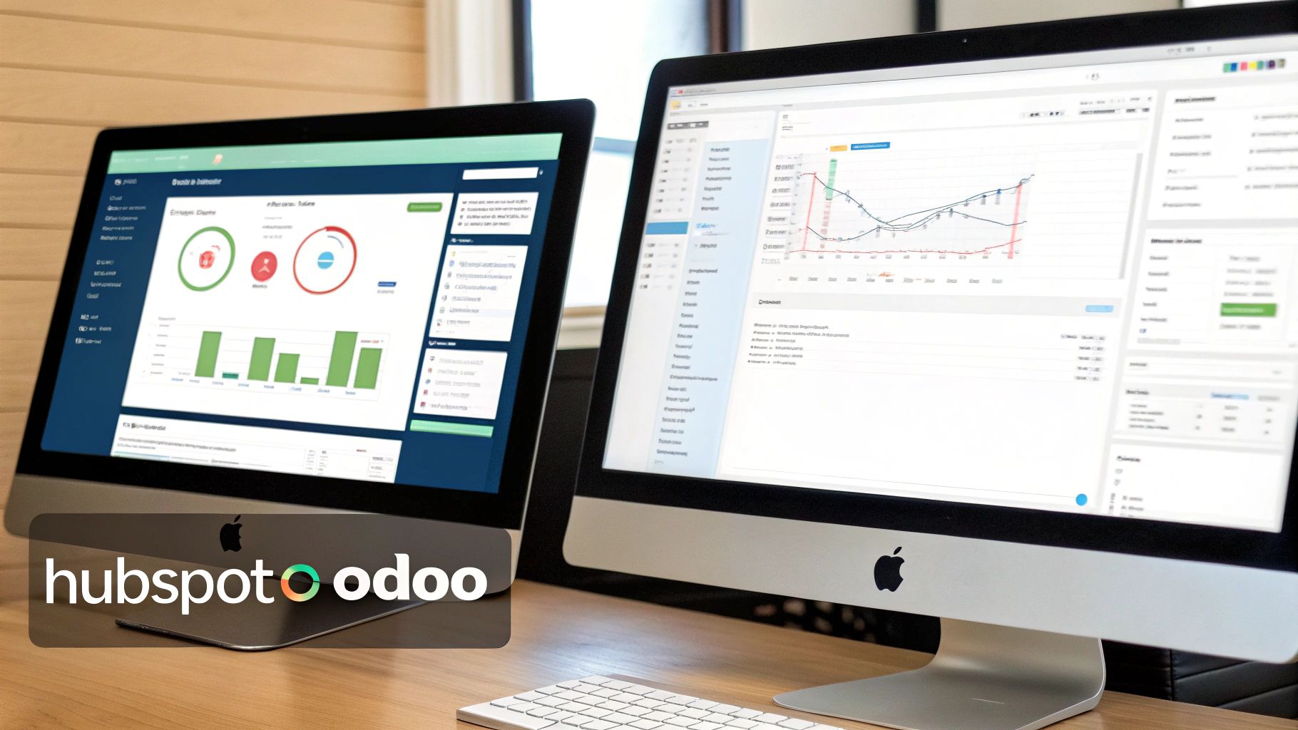 Due iMac su una scrivania in legno, che mostrano dashboard di software gestionali con grafici e dati.