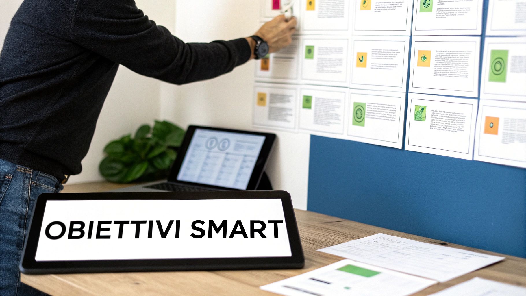 Una persona appunta una carta su una bacheca con obiettivi, mentre un tablet mostra "OBIETTIVI SMART" su un tavolo di legno.