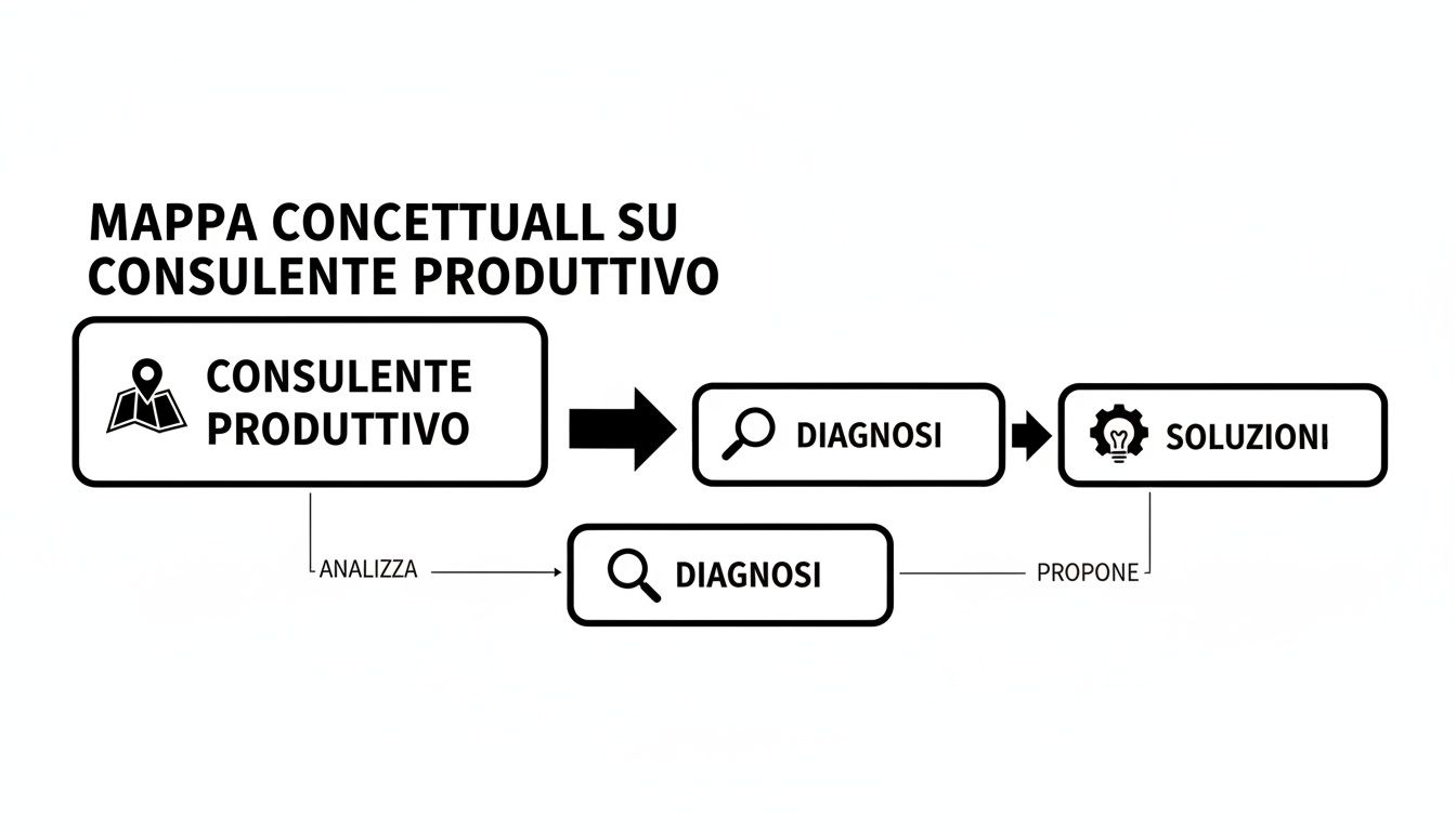 Mappa concettuale che illustra il ruolo del consulente produttivo nell'analisi, diagnosi e proposta di soluzioni aziendali.