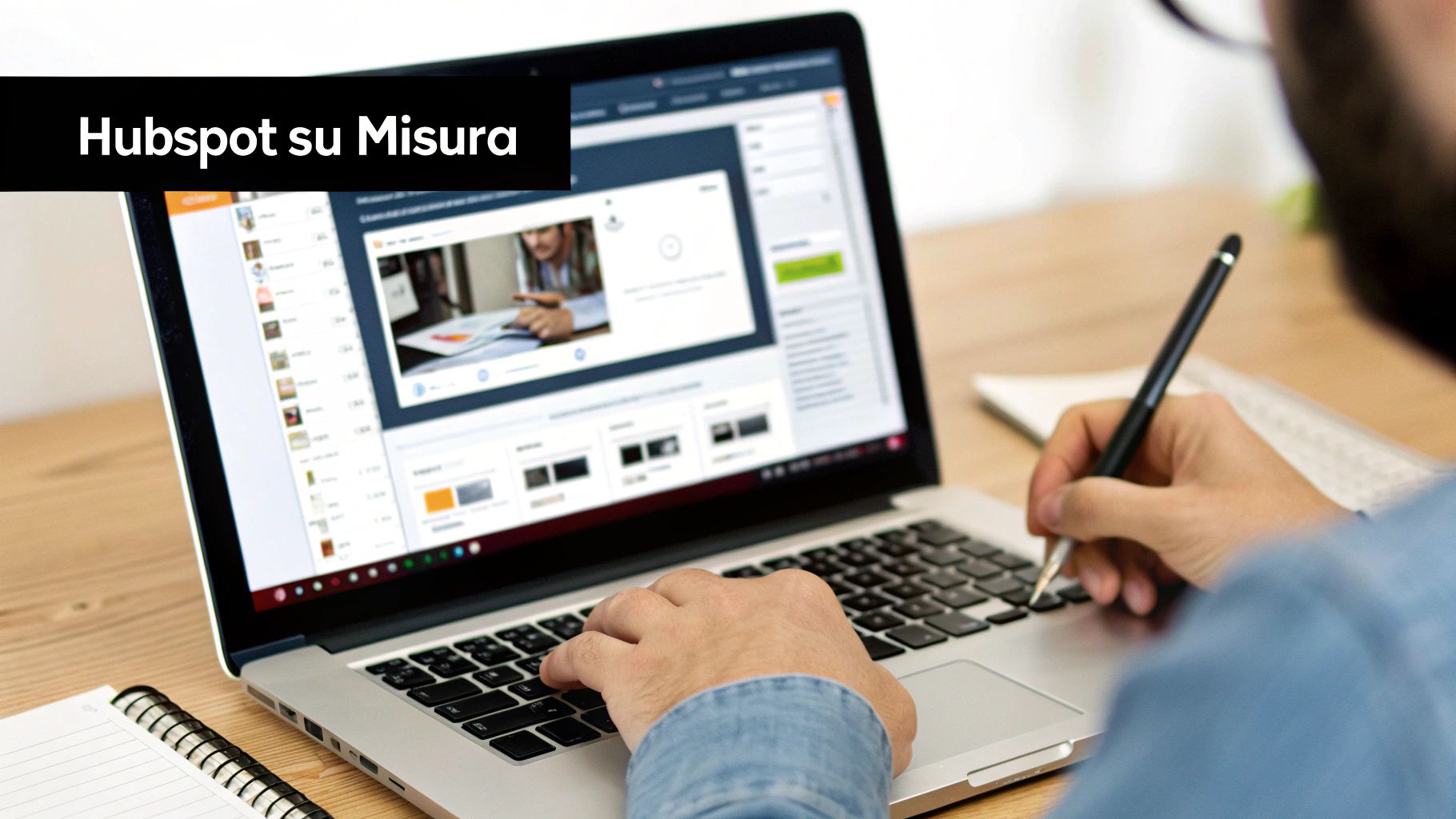 Persona che lavora al laptop con la piattaforma HubSpot su misura aperta, mentre prende appunti.