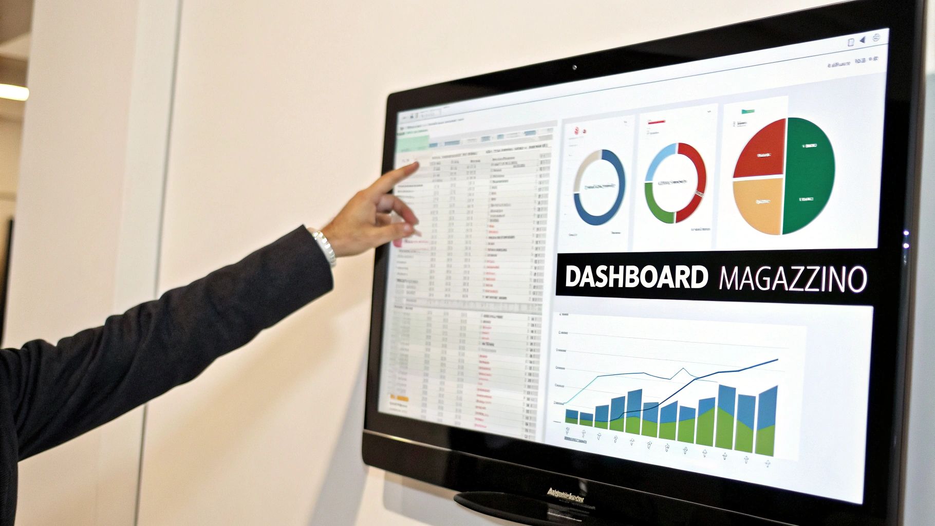 Una dashboard su Excel mostra grafici e tabelle pivot che analizzano i dati di magazzino.
