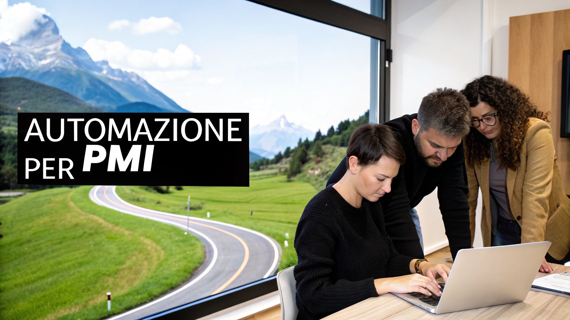 Tre persone lavorano insieme a un laptop in un ufficio moderno con vista su strada e montagne.